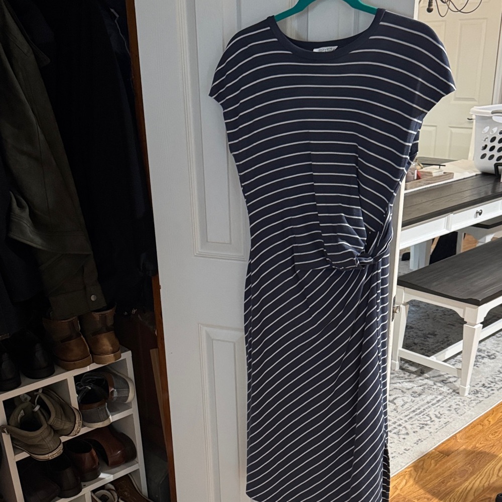 Haven Blue and White Asymmetrical Ruched Midi Dress